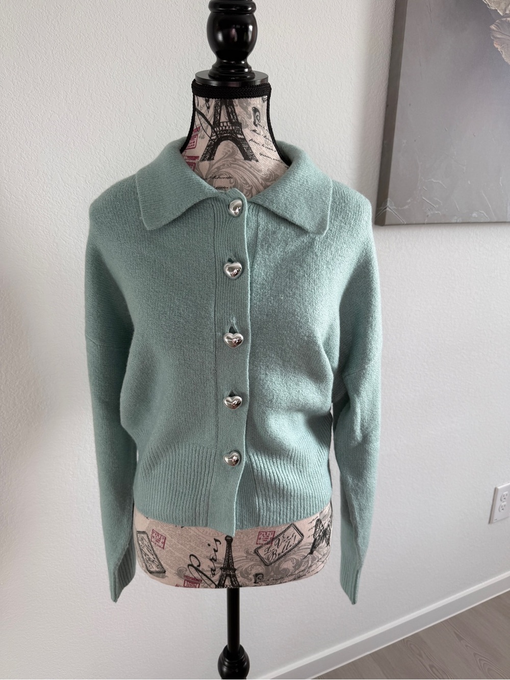 Aris Mint Green Collared Heart Button Cardigan